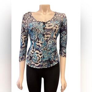 Nic+Zoe Knit Floral Button Down Top Blue/White Size Medium Linen Blend